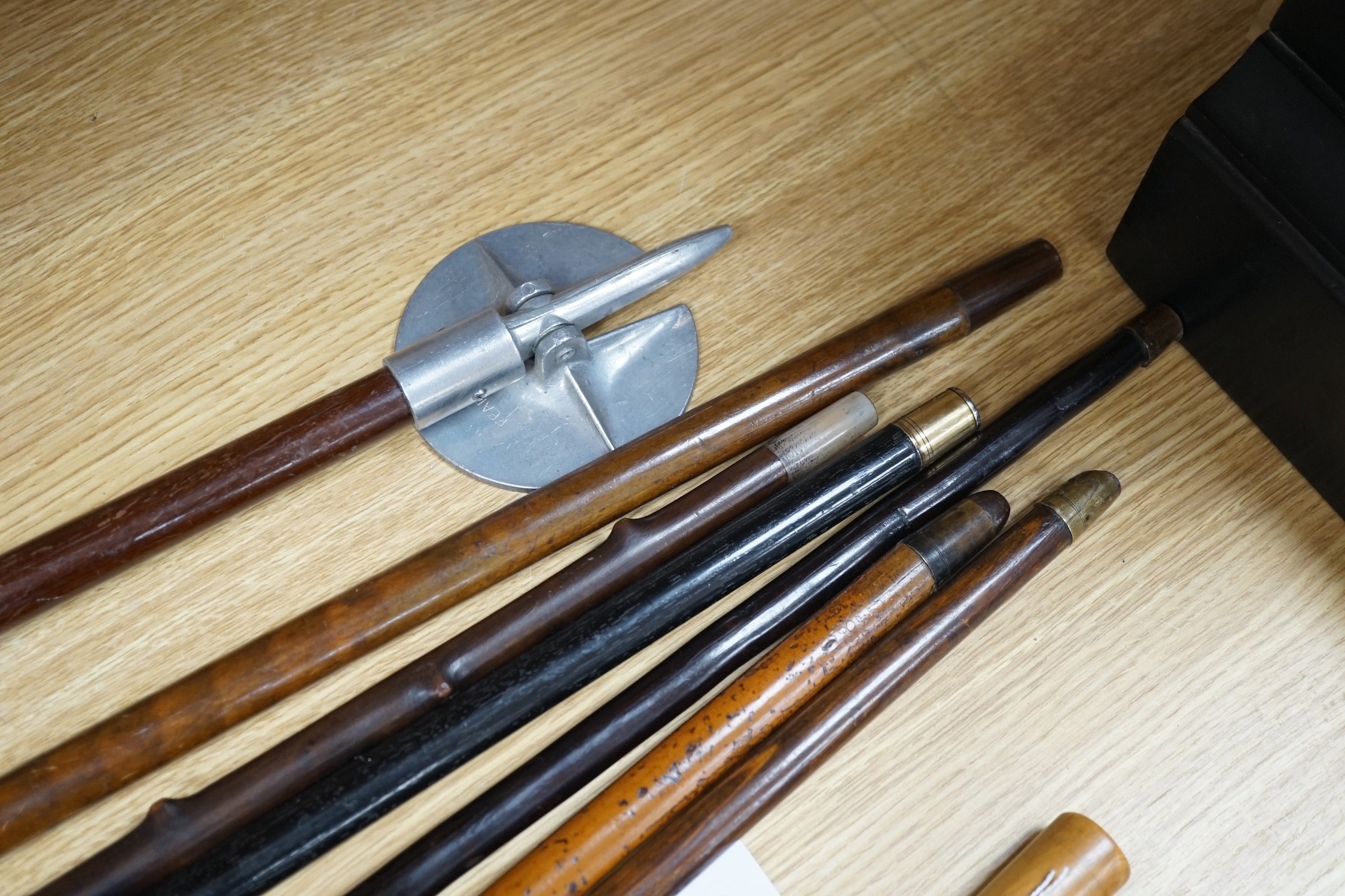 Four silver mounted walking canes, a malacca cane, a carved hardwood cane and a shooting stick (7)